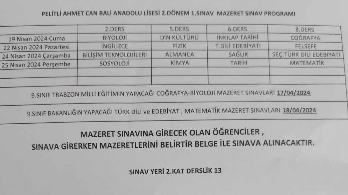 2. Dönem 1. Sınav Mazaret Sınav Programı açıklandı. 